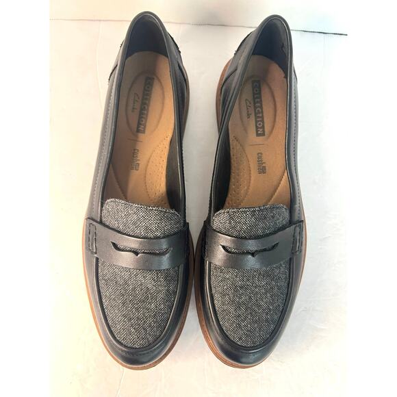 Clarks Raisie Eletta Black Leather/Denim SlipOn Comfort Penny Lug Sole Loafer 9 - Picture 4 of 10